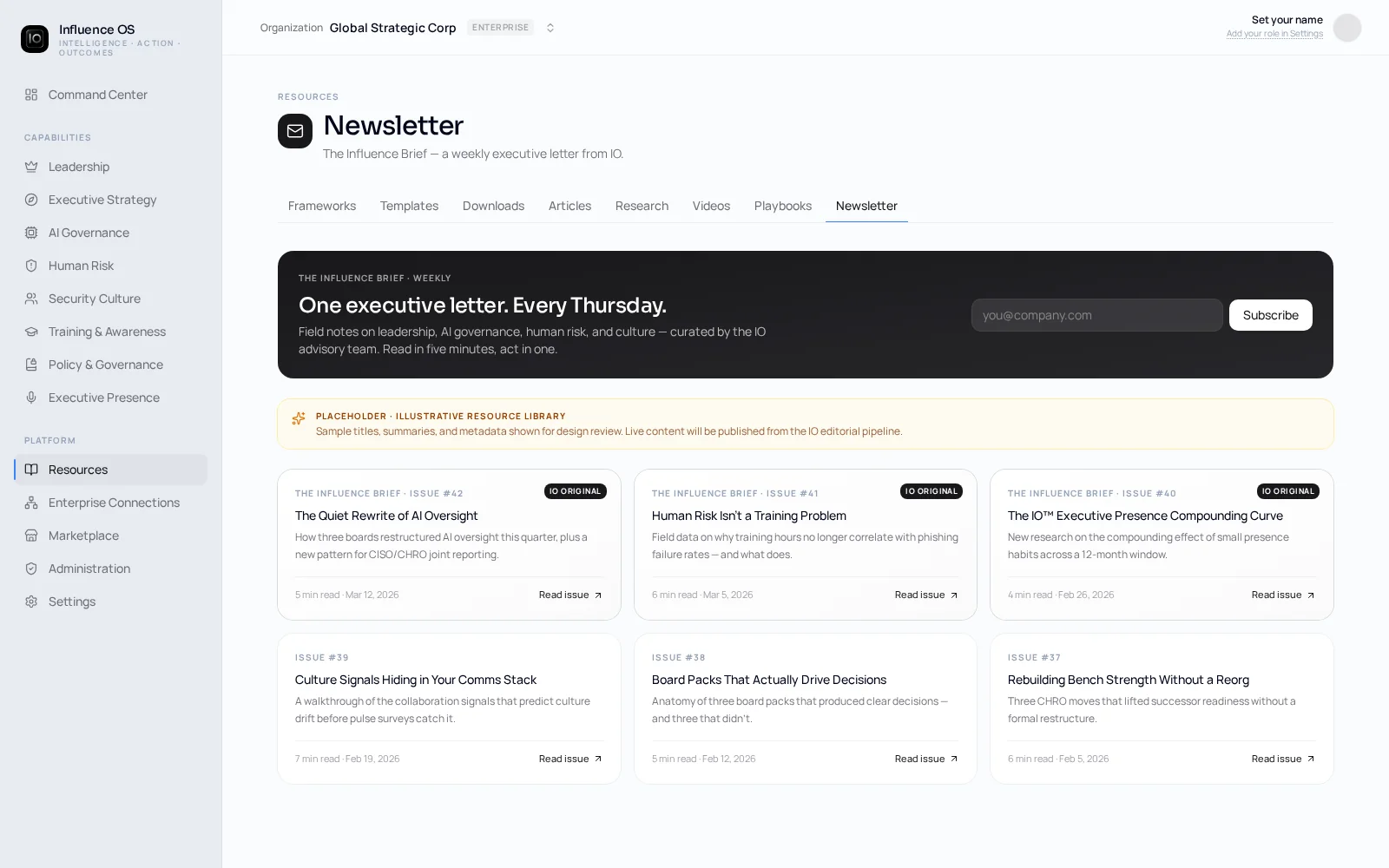 IO Executive Briefing newsletter with what happened, what matters now, and what to do next.